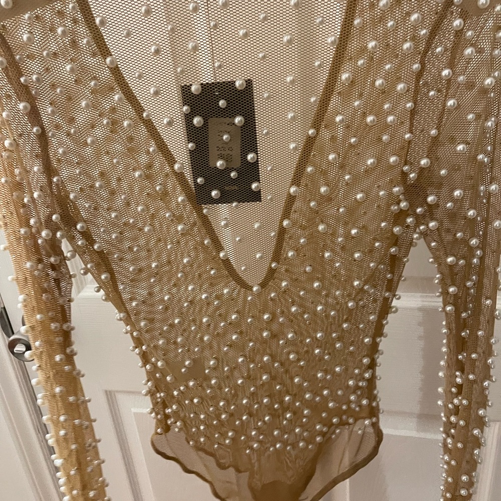 Fashion Nova Pearl Embellished Nude Low Cut Bodysuit